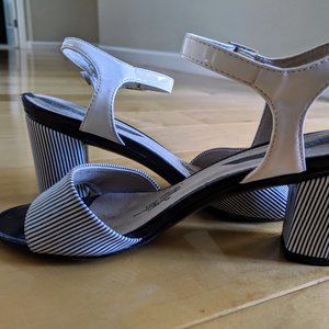 Unique block heel sandals, black/white stripe, 6